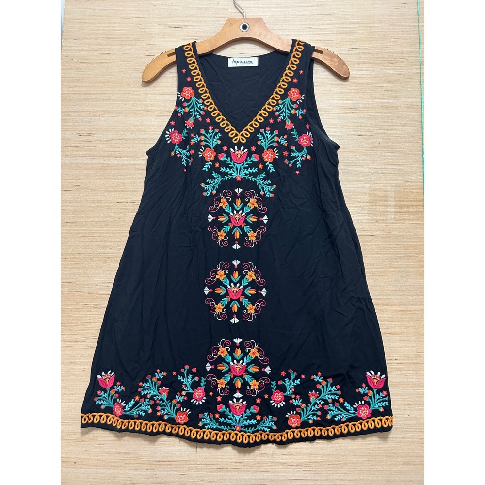 Impressions Black Floral Embroidered V-Neck Sleeveless Mini Dress with Pockets S